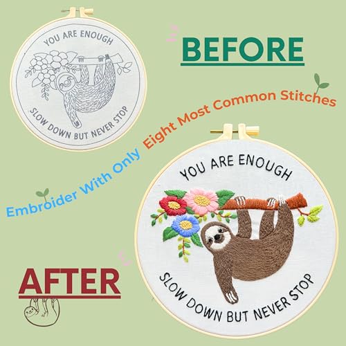 Image of La glaneuse Embroidery Kit for Adult, Beginner Embroidery Kit with Cute and Funny Animal Pattern, Eight Simple Stitches to Get a Positive Sloth, Mental Health and Stress Relief Gift for Him /Her