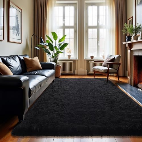 HOMORE Bedroom Rug 3x5 Black Rugs for Living Room, Luxury Fluffy Area Rugs for Indoor Entrance, Non Slip Kids Rug for Nursery Girls Boys Dorm