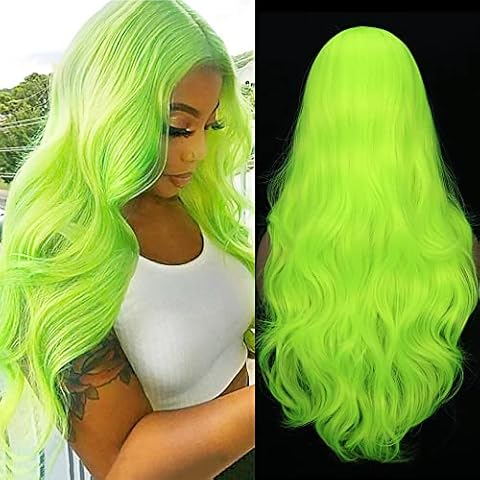 ColorfulPanda Neon Green Long Wavy Curly Wigs for Women Middle Part Colored Wig Heat Resistant Fiber Natural Hair Synthetic Wig Cosplay Party or Daily Use Cover