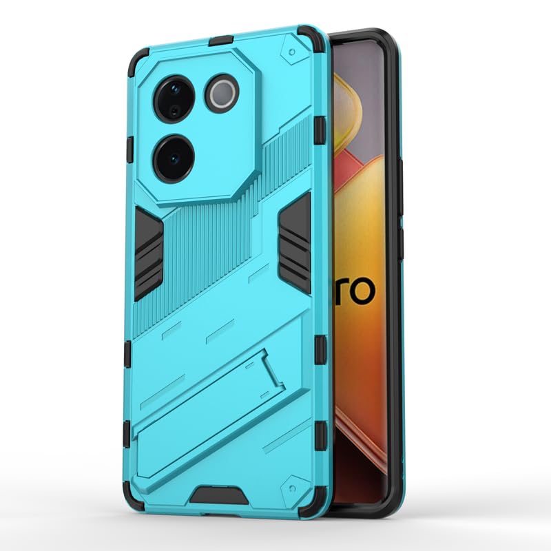 Image of Rugged Hard Back Case Cover for Vivo T3 Pro - Military-Grade Armor with Screen & Camera Guard, Dual-Layer Shockproof Design, Raised Edges, and Built-in Kickstand - Cyan Blue