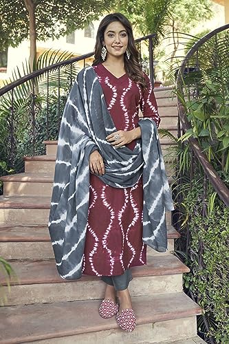 Image of GoSriKi Women's Cotton Blend Straight Printed Kurta with Pant & Dupatta