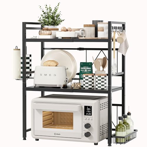 NETEL Erweiterbares Mikrowellen Regal 3-stufiges Mikrowellenständer Organizer küchenregal stehend für arbeitsplatte Bäckerregale mit Papierhandtuchhalter und Gewürzregal, schwarz, Ausziehbar 40-60cm