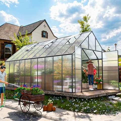 10x20FT Polycarbonate Greenhouse Kit for Outdoors, Upgraded Heavy Duty Aluminum Walk-in Greenhouse with Quick Setup Structure, Rain Gutter and Vents, Green House for Outside, Garden, Backyard Cover