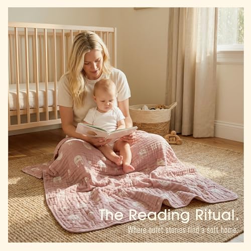Image of 6-Layer Muslin Baby Blanket Made with Organic Cotton - Cute Bunny Rabbit Jacquard Swaddle & Crib Quilt, 43 inchx 43 inch,Blush Pink Bunny