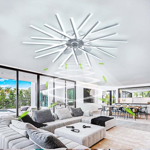 Ventilador de techo blanco de 6 hojas de 114 cm con luces y mando a distancia - Regulable - Motor DC reversible - Para sala de estar y dormitorio - Funcionamiento silencioso - Diseño