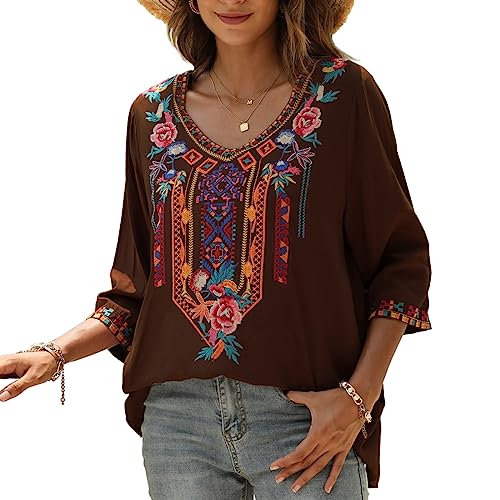 AK Embroidered Tops for Women 3/4 Sleeve Peasant Blouse Mexican Shirts V Neck Traditional Tunic Casual Tops (Brown, 3XL)