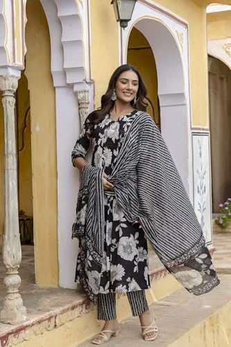 Image of NIVANA Floral Printed Kurta with Pant & Stripe Printed Dupatta | 3 /4 Sleeves | Round Notch Neck Button Detail