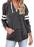 Fashare Womens V Neck Hoodies with Pockets Long Sleeve Striped Pullover Tops Sweatshirt Dark Gray