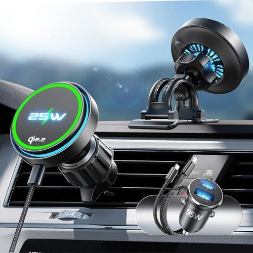 LISEN Qi2.2 25W MagSafe Autohalterung mit Kühllüfter & 95 W Ladegerät | | [Top-Ausstattung] mit Kühllüfter & 95W Custom-Adapter, für Magsafe Autohalterung für iPhone 18 Pro Max Air