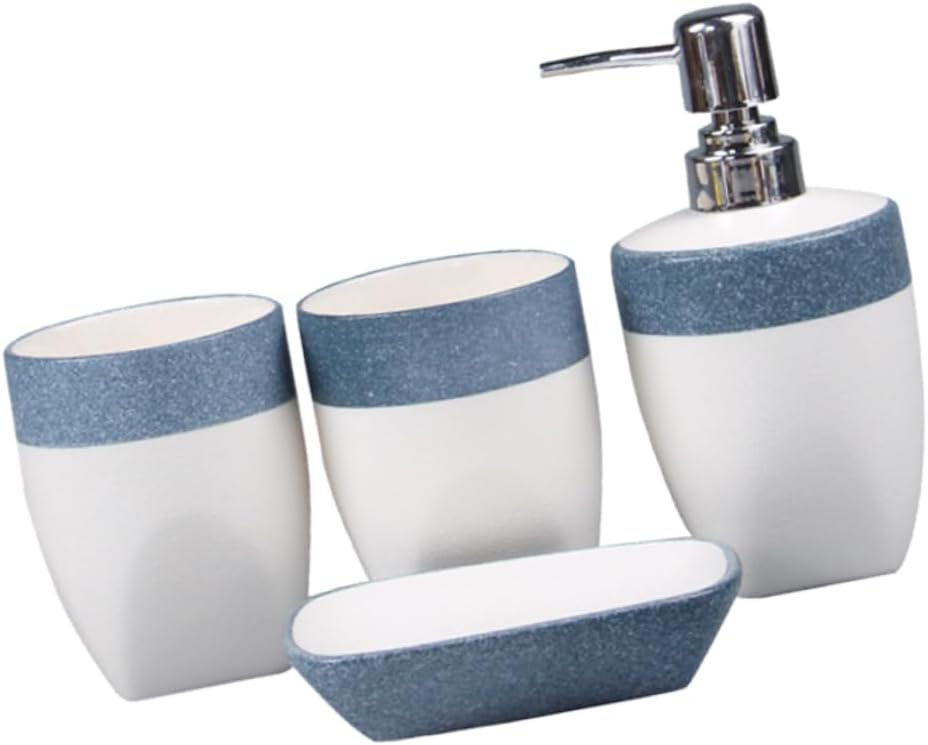 Garneck Ceramic Bathroom Set 4-Piece Accessory Set Tooth Mug Emulsion Bottle Soap Dish and Blue Color for Home Use and Creative Bathroom Decor