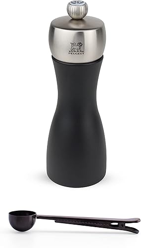 Peugeot Fidji - Molinillo de pimienta de 6 pulgadas, negro mate, con cuchara de especias de acero inoxidable y clip