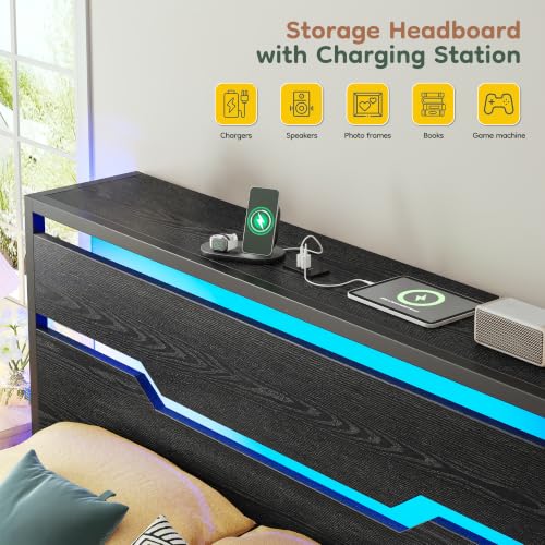 Image of Homkdom Twin Metal Bed Frame with LED Storage Headboard & USB Ports Black | Underbed Space for Robot Vacuum, Noise-Free Quiet Sleep Setup for Teens Room, College Dorms & Small Studio Apartments