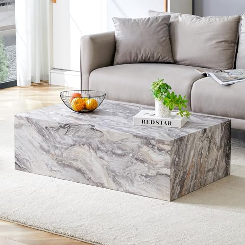 39.3" Rectangular Coffee Table, Modern Grey Marble Coffee Tables for