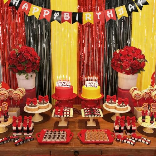 Image of Cartoon Birthday Decorations, 4 Pack Cute Party Photo Booth Props, Black Red Yellow Teal Fringe Curtains Tinsel Photo Streamers Backdrop for Cartoon Birthday Party Supplies