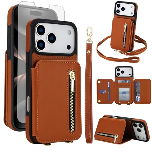 Asuwish Phone Case for iPhone 17 Pro 6.3 inch RFID Wallet Cell Cover with Tempered Glass Screen Protector Crossbody Strap Credit Card Holder Slot Stand i Phone17 i17 17Pro Women Men Brown