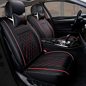 MAGQOO 5 Seats Car Seat Cover Full Set PU Leather Front Rear w/Pillow Suitable for Year Round Use Black/Red Line Universal for Sedan SUV Truck