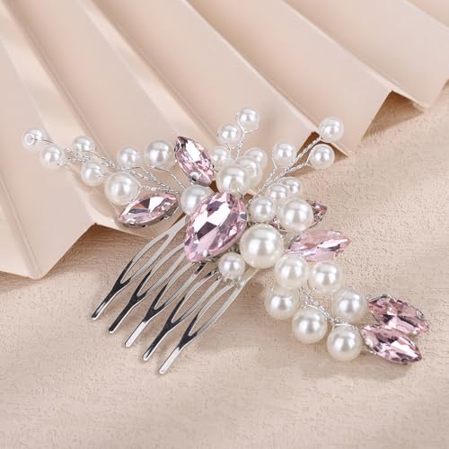 Rumtock Pente de cabelo prata cristal rosa para noivas de casamento feminino feito à mão joia de cab