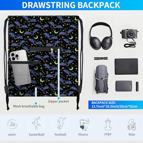 Drawstring Backpack Sports Gym Bag, Large String Swim Bag for Beach With Water Bottle Mesh Pocket, Cute Gym Sack with Zipper Pocket for Men Women Cute Black Bats4