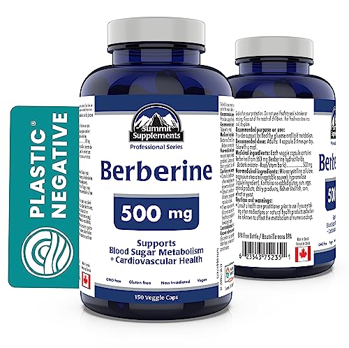 Berberine 500mg 150 vcaps - A Plastic Negative Product - Supports Blood Sugar Metabolism + Cardiovascular Health - Take Your Health to a New Summit with Summit Supplements!