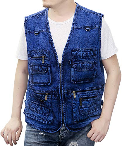 Kedera Men's Denim Vest Plus Size Multi-Pockets Button Down Jeans Vests Jacket 2XL (Blue, Medium)