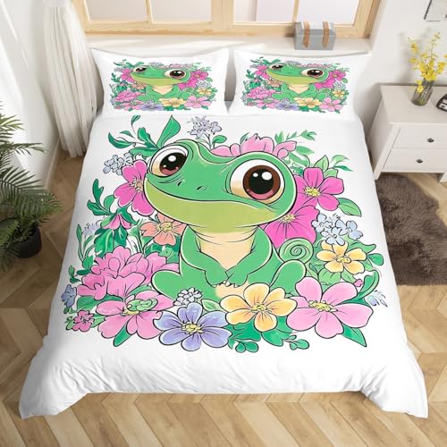jejeloiu Chameleon Duvet Cover Toddler Size Cartoon Cute Lizard Bedding Set for Kids Wildlife Animal Comforter Cover Ultra Soft Floral Decor Bedspread Zipper Closure
