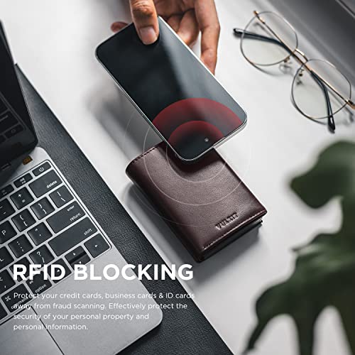 Image of VULKIT Card Holder Wallet with Coin Pocket Magnetic Closure Pop Up Cards With ID Window Leather Wallet for Cash & Credit Cards, Top Grain Cowhide - Espresso, Medium, Minimalist
