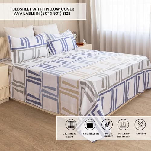 Image of HOMEMONDE Single Size Bedsheet | Cotton Flat Sheet with One Pillow Cover Soft Bedsheet for Single Bed (60 x 90 Inches / 152 x 229 cm, Modern Maze), Multi | Perfect for Home Decor & Gifting