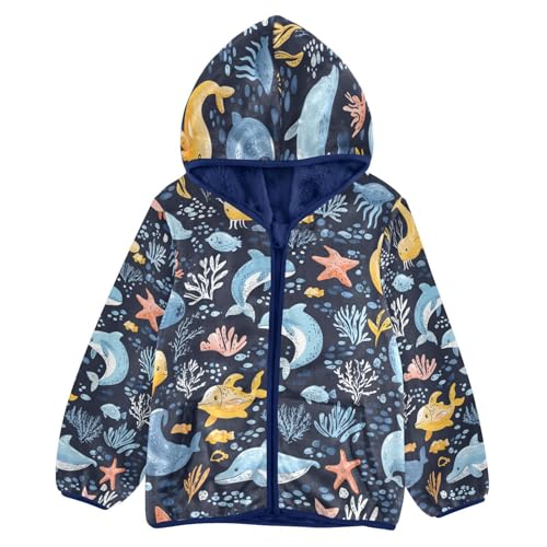 Sea Animals Pattern Toddler Fleece Jacket Girl Boys Hooded Fleece Jacket Coat Warm Outwear Zip-up 3-10T