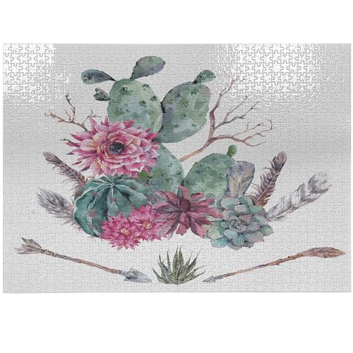 ABAKUHAUS Kaktus Puzzle, Exotische Blumenstrauß-Weinlese, Heirloom-Qualität lustige Aktivität für die Familie langlebiger Karton, 1000 Stücke, Grün, Rosa, Braun