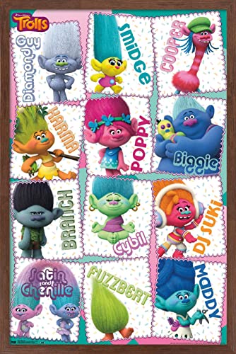 Poster Trolls encadré acajou pour déco chambre enfant colorée