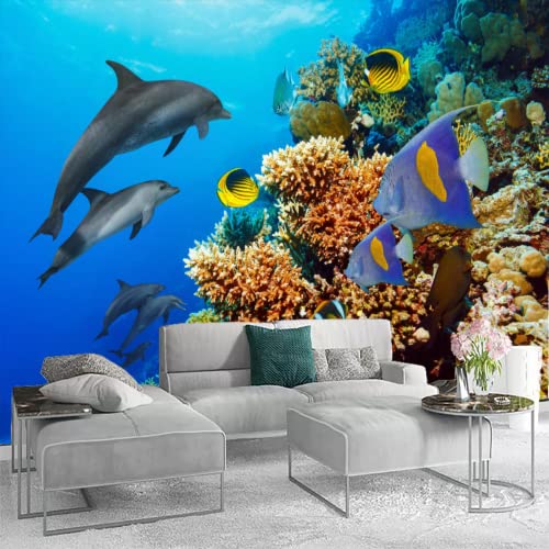 Ocean Coral And Fish 3D Wall Murals Wallpaper, Funny Dolphin Wall Poster Murals, Wall Painting Art Wallpaper For Living Room And Bedroom Home Decor 177" By 124" #TOP1