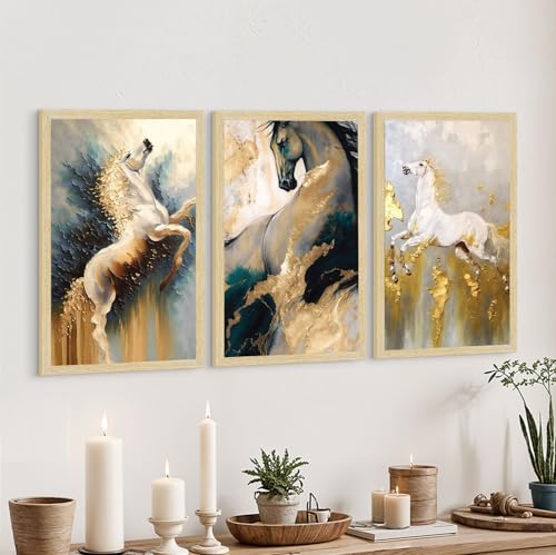 Image of ArtX Paper Modern Art Wall Painting For Living Room, Drawing Room Decoration Big Size, Horses Framed Painting for Wall Decoration, Wall Decor For Bedroom, Multicolor, 12.0 x 18.0 inches, Set Of 3