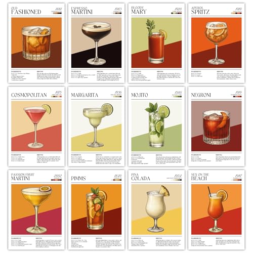 Cocktail Prints Set of 12, A5 Size Wall Art Pictures Including Aperol Spritz, Margarita, Mojito for Living Room, Kitchen and Bar, Frames Not Included, The Perfect Cocktail Gift