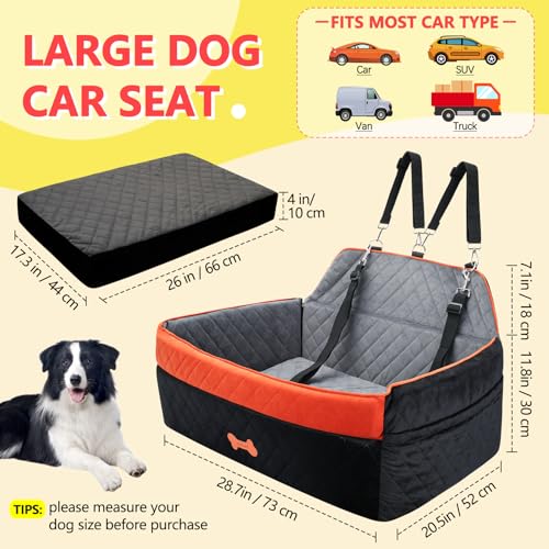 Image of Dog Car Seat for Medium Large Dogs, Detachable Washable Pet Booster Seat with Memory Foam Cushion, Side Pockets, 2 Clip-On Safety Leashes Pet Car Seat for Dog Up to 60 lbs /2 Small Dogs-Black