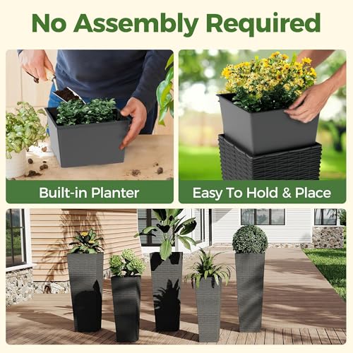 All-Weather Black Rattan Planter Set of 2, 24" & 32" Tall Outdoor Plant Pots, Removable Liners, Drainage Holes, Garden Flower Pots for Patio, Porch, Backyard by GarveeLife - Image 4