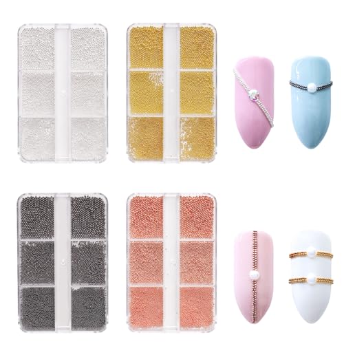 Nail Art Caviar Perlen - 4 Boxen 3D Micro Caviar Perlen Gold Silber Schwarz Roségold Grau Winzige Stahlperlen Metall Mini Perlen Ball Glitzer für Nagelkunst Dekorationen DIY Handwerk Zubehör