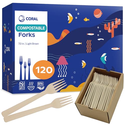 CORAL Light Brown 100% Compostable Forks - 120 Heavy Duty Forks (7.0 inch) - Break Resistant with Smooth Edges Ocean Friendly Alternative to Plastic Silverware - Biodegradable & Disposable Forks