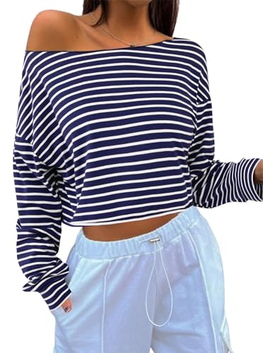 SOFIA'S CHOICE Women's Off The Shoulder Crop Tops Loose Striped Long Sleeve T Shirt White Blue Striped Small