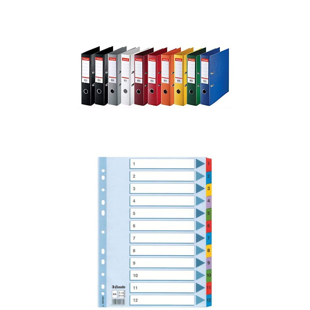 Esselte 624177 Lot de 10 Classeurs à levier avec Dos Standard 75 mm Assorti classique + Intercalaires, Touches et Bande Perforée Renforcées en Mylar, Carton Résistant, Bleu