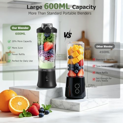 Image of CC Store Portable Blender 20 Oz with USB-C Rechargeable Design, Black | Personal blender for smoothies with leakproof travel cup,pulse mode,LED light,BPA free,cordless for gym and office