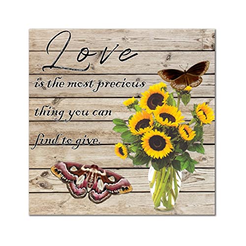 Plaque murale en bois Love 30x30 cm papillon et tournesol
