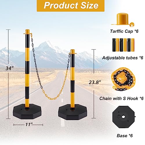 Spurgehom 6 Pack Traffic Delineator Post Cones with Fillable Base, Parking Pole Barrier, Traffic Safety Barrier with 5.1FT Plastic Chain, Taffic Safety Delineator Cones for Parking Lot (Yellow+Black)… - Thumbnail 2