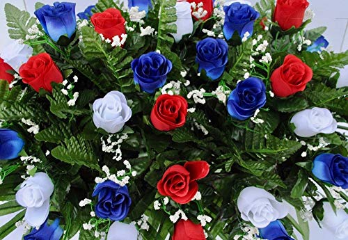 Patriotic Cemetery Headstone Saddle Flowers In Red White And Blue Roses With Flags #TOP3