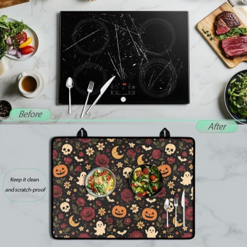 Image of Induction Stove Top Cover Protector, Halloween Flat Top Stove Decor Cover Mat, Universal Stove Top Cover for Electric Cooktop, 29 x 21 Inch, Ghost Pumpkin Skull Flower Print