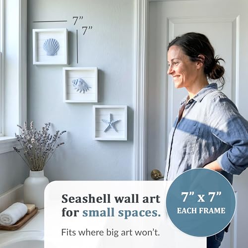 TideAndTales Blue Seashells and Starfish (Framed Set of 3) Coastal 3D Wall Art, Beach Wall Decor for Bathroom or Coastal Bedroom, Ocean Inspired Seaside Decorations for Home or Beach House (7"x7") - Image 2