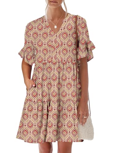 Image of ANRABESS Women's Summer Casual Dress, V-Neck Ruffle Sleeve Tiered Mini Dress, Soft Comfy Fabric with Pockets for All-Day Wear