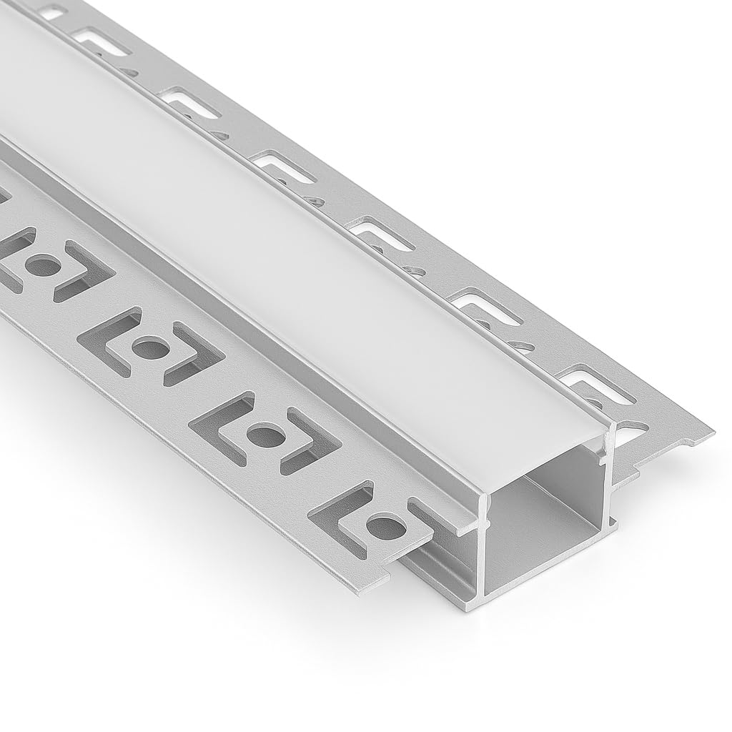 LED Plaster in Profile for LED Strip Lights – 1M/2M Recessed Aluminium Channel with Diffuser, End Caps & Clips – 20mm Wide Housing for Tape Lighting – Sleek Plaster-in Extrusion Kit (8, 1M Lenght)