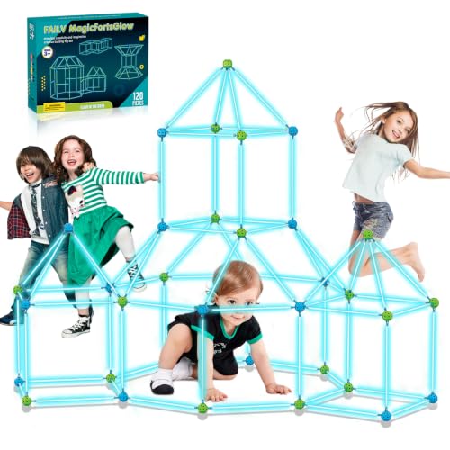 FAILV Fort Building Kit for Kids Glow in The Dark 120 PCS Air Fort Builder Kids Construction Building Toys Gifts for 3-4-5-8-12 Years Old Boys and Girls Fort Building Tunnels Play Tent Indoor Outdoor - image 1
