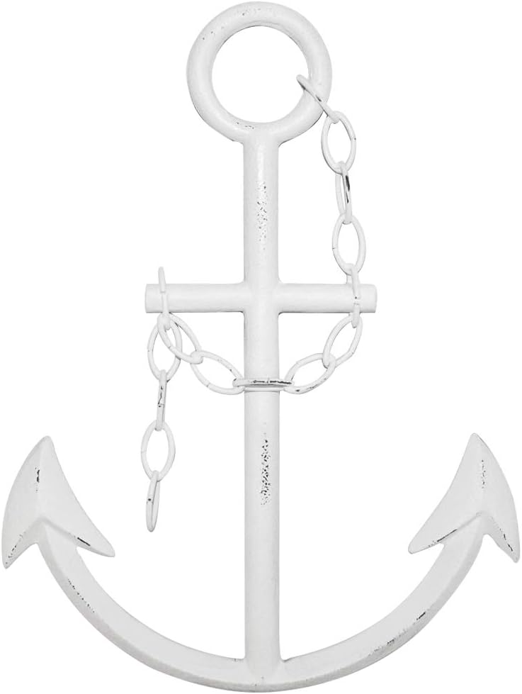 WALL CHARMERS 16" Rustic Cast Iron Metal Anchor Wall Decor - Boat Anchor Farmhouse Decor - Handmade Nautical Decor (White)