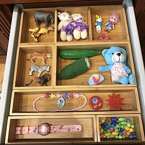 Bamboo Junk Drawer Organizer and 6 Storage Box Dividers Set,8 Compartment Organization Tray Holder for Craft,Sewing,Office,Bathroom.Kitchen …